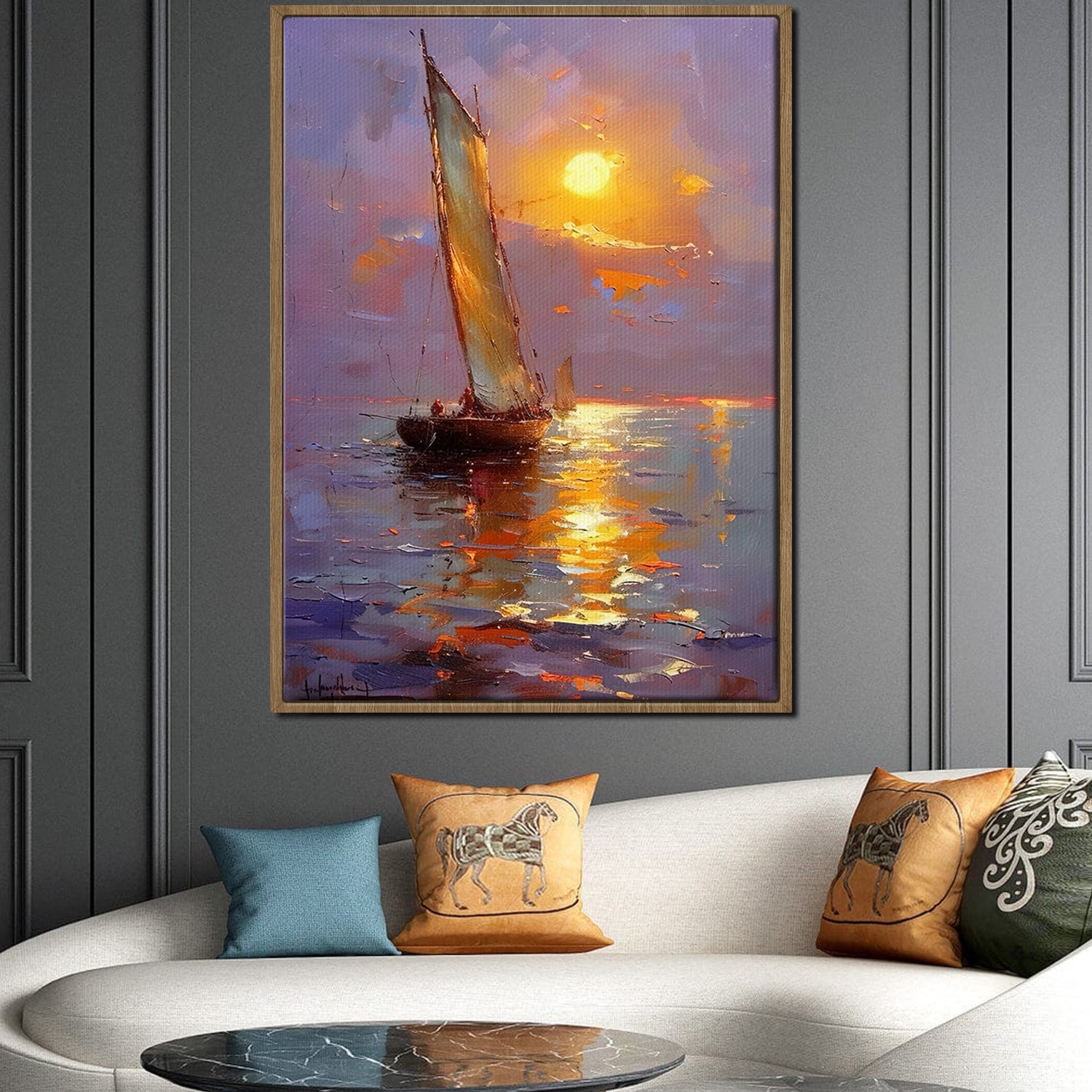 light oak color frame sailboat on the sea at sunset canvas print,hanging in the living room