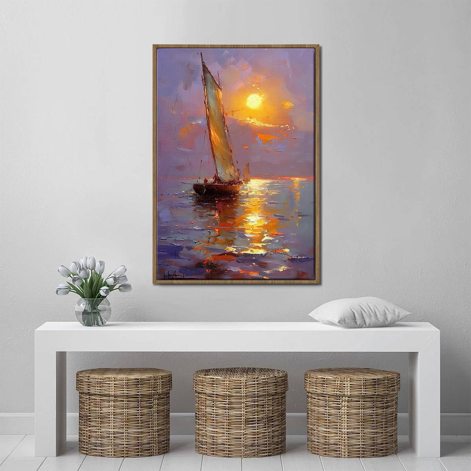 light oak color frame sailboat on the sea at sunset canvas print,above the table
