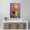 white frame art painting sailboat on the sea at sunset,above the table