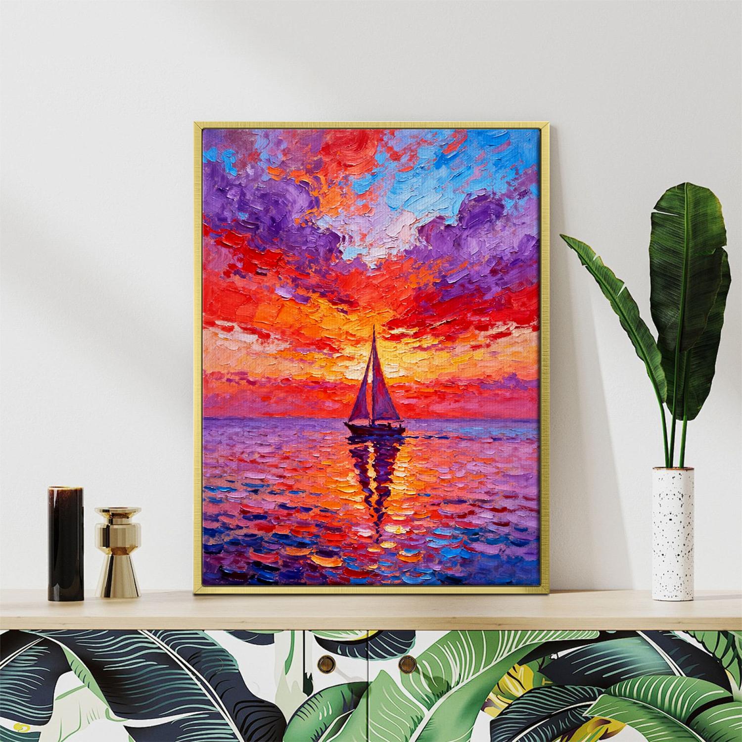 gold frame wall art painting depicts the beautiful scenery of a sailboat sailing on the sea dyed by the gorgeous sunset.