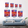different size wall art painting depicts the beautiful scenery of a sailboat sailing on the sea dyed by the gorgeous sunset.