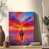 wall art painting on the table depicts the beautiful scenery of a sailboat sailing on the sea dyed by the gorgeous sunset.