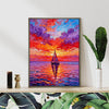 coffee frame wall art painting depicts the beautiful scenery of a sailboat sailing on the sea dyed by the gorgeous sunset.