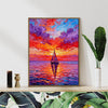 light oak clore frame wall art painting depicts the beautiful scenery of a sailboat sailing on the sea dyed by the gorgeous sunset.