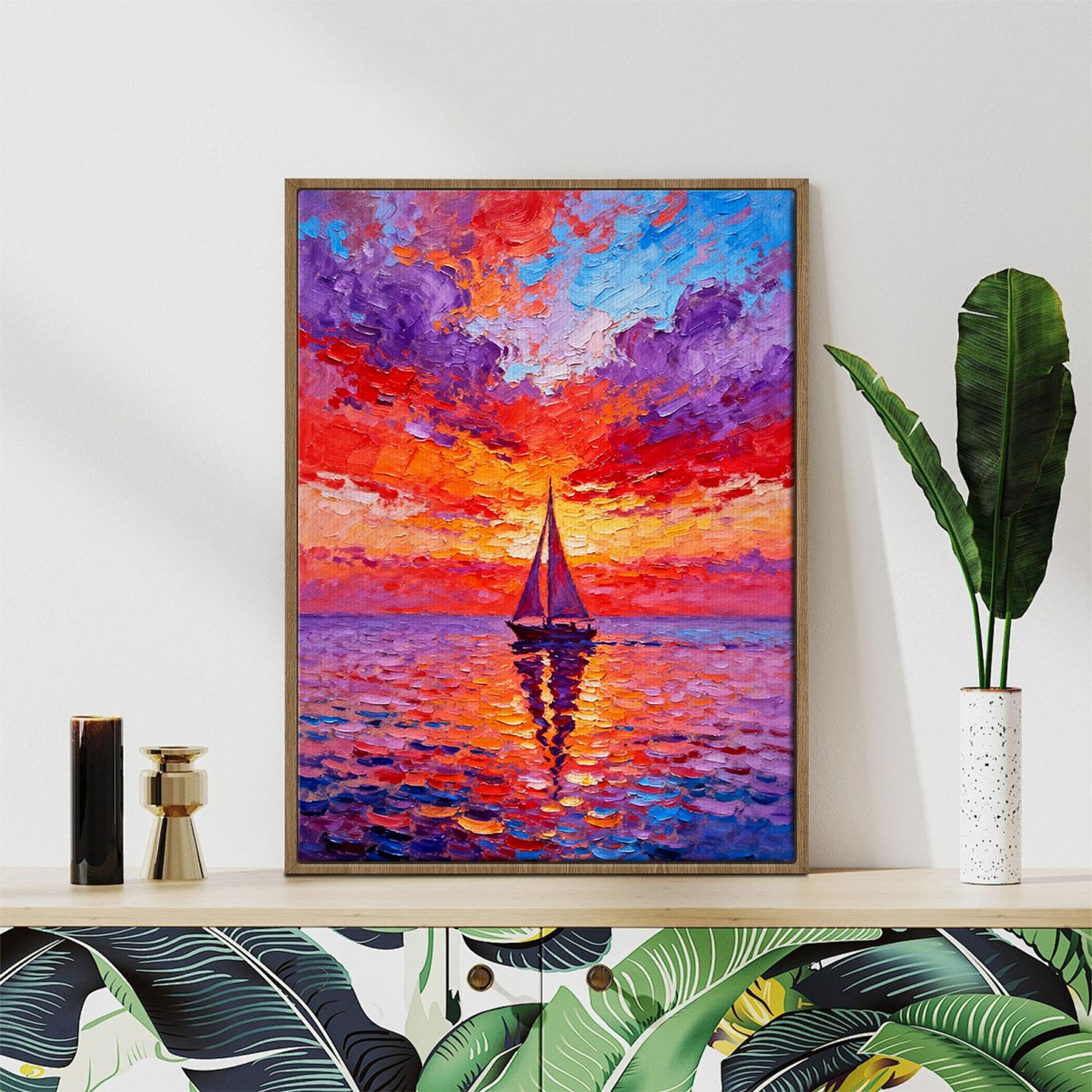 light oak clore frame wall art painting depicts the beautiful scenery of a sailboat sailing on the sea dyed by the gorgeous sunset.
