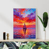 white frame wall art painting depicts the beautiful scenery of a sailboat sailing on the sea dyed by the gorgeous sunset.