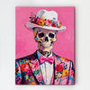 art canvas depicts skeleton in a suit
