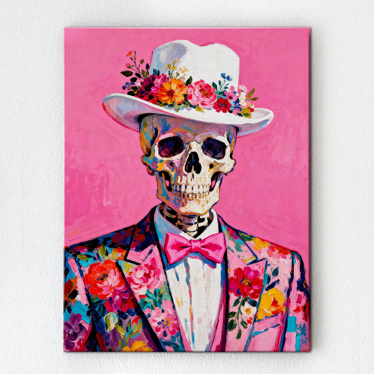 art canvas depicts skeleton in a suit