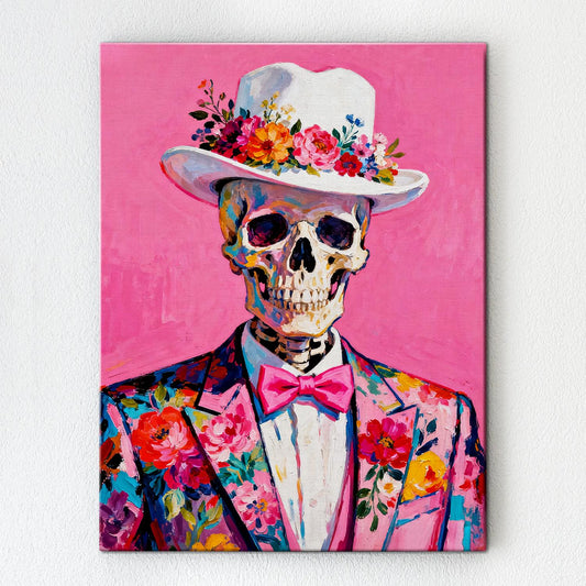 art canvas depicts skeleton in a suit