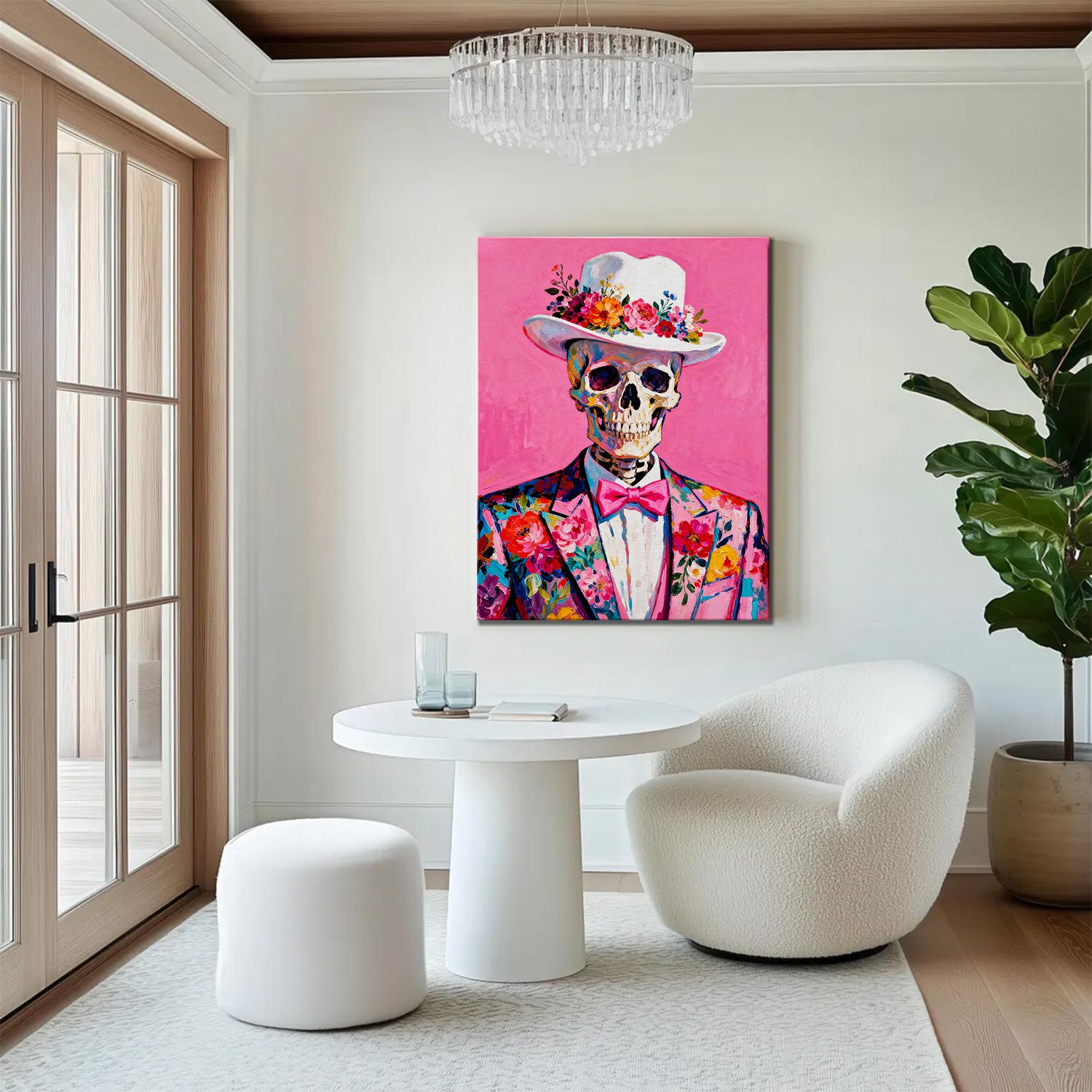 wall art canvas hang on the wall depicts skeleton in a suit