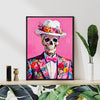 black frame wall art canvas depicts skeleton in a suit