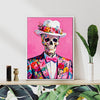 white frame wall art canvas depicts skeleton in a suit