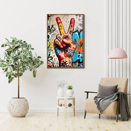 light oak color frame wall art painting victory gesture hang on the wall