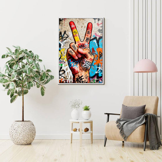 white frame wall art painting victory gesture hang on the wall