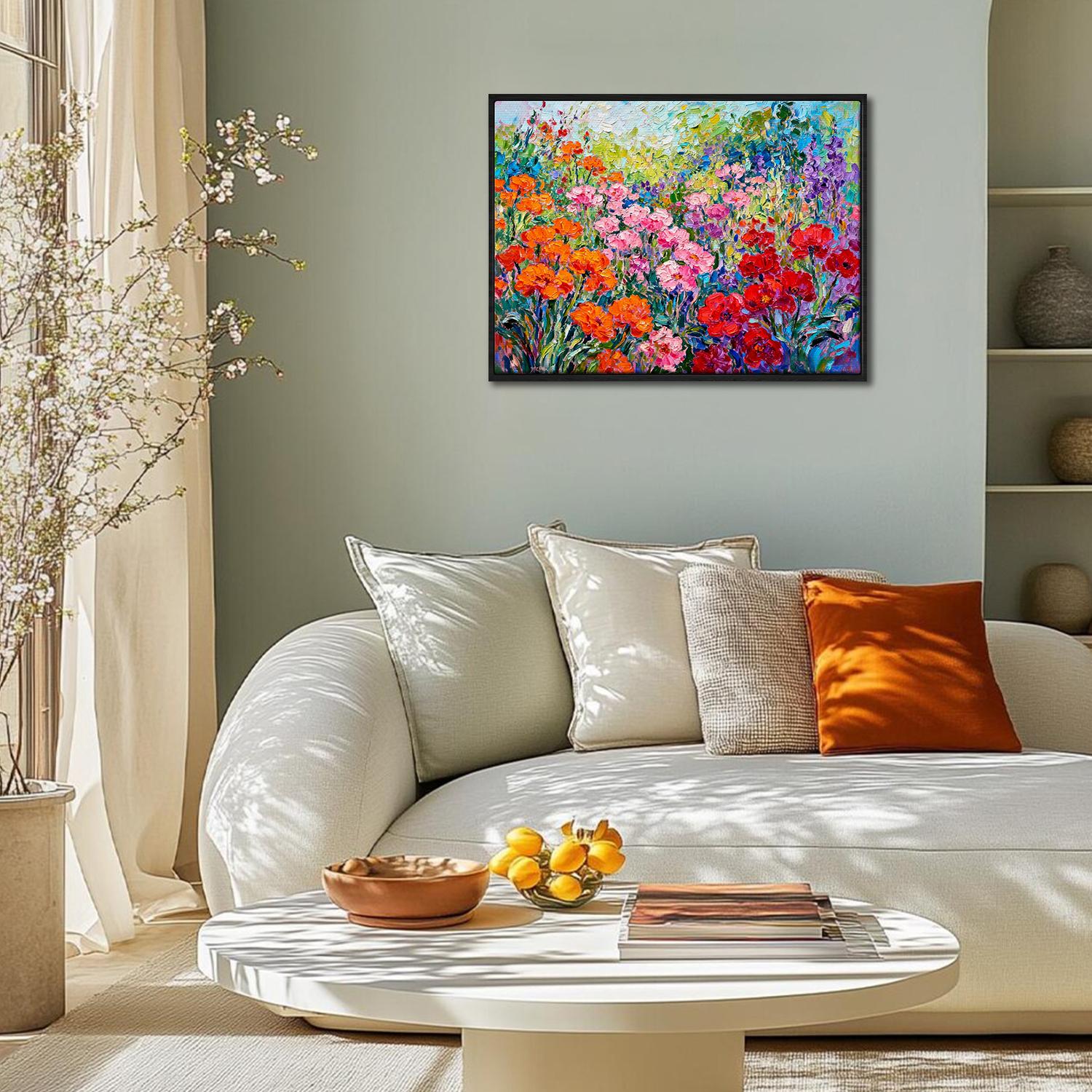 black frame wall art canvas painting depicts a colorful sea of ​​flowers